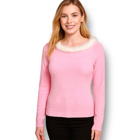 BCBGMAXAZRIA S Pink Feather Trim Knit Sweater Barbiecore Y2K Glam Old Money Top - Picture 1 of 7